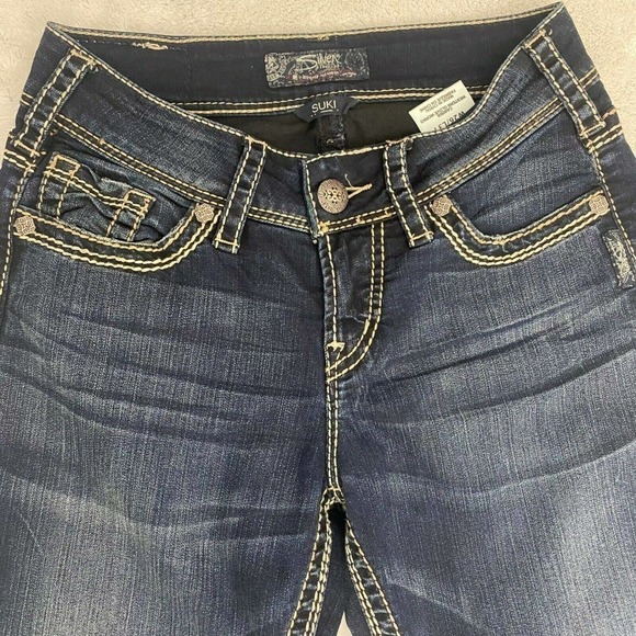 Silver Suki Mid Rise Skinny Jeans Medium Wash Thick Stitch Blue Denim Sz 26x31 - Picture 4 of 11
